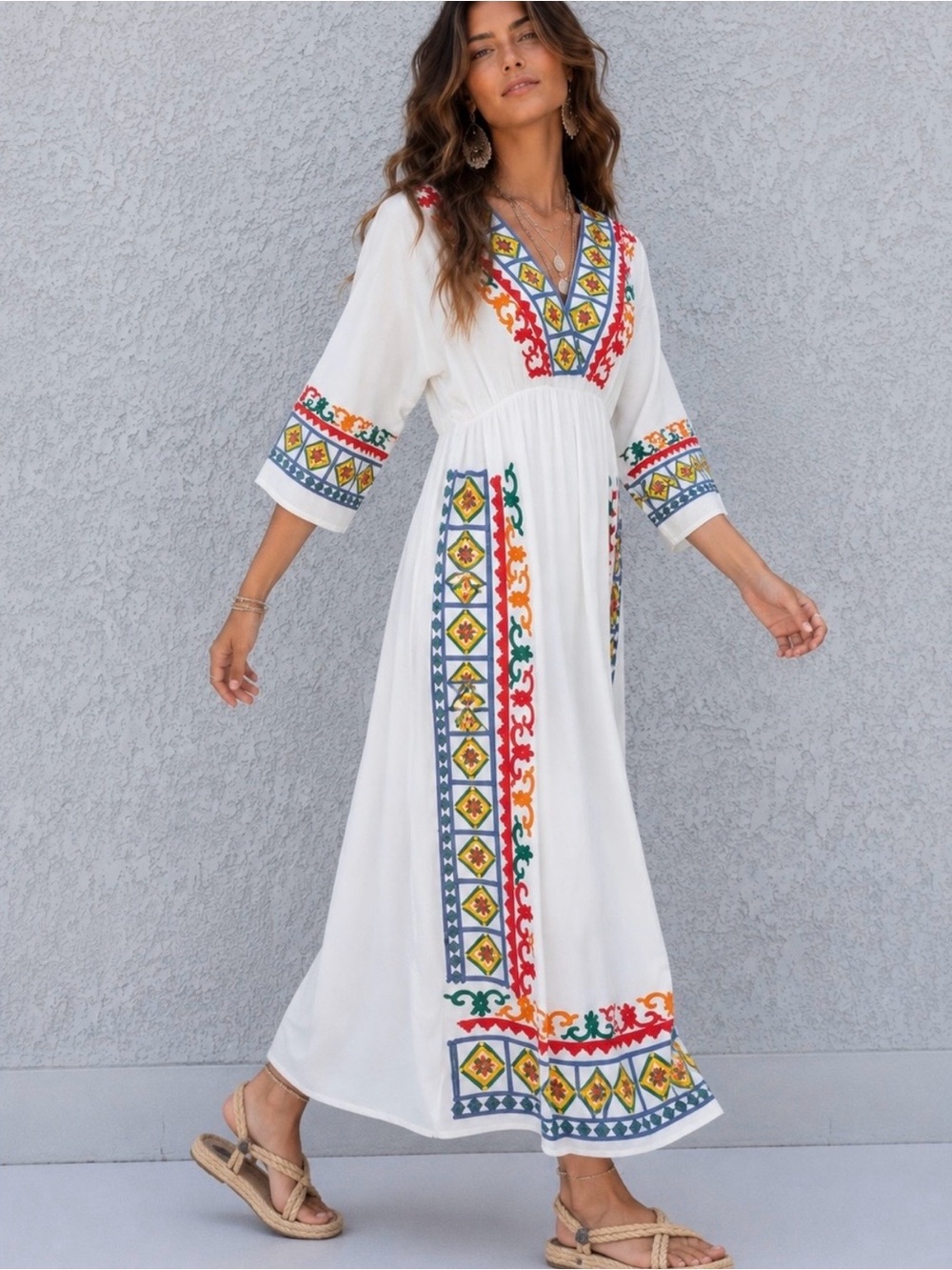Boho Embroidered V-Neck Kaftan Maxi Dress M/L